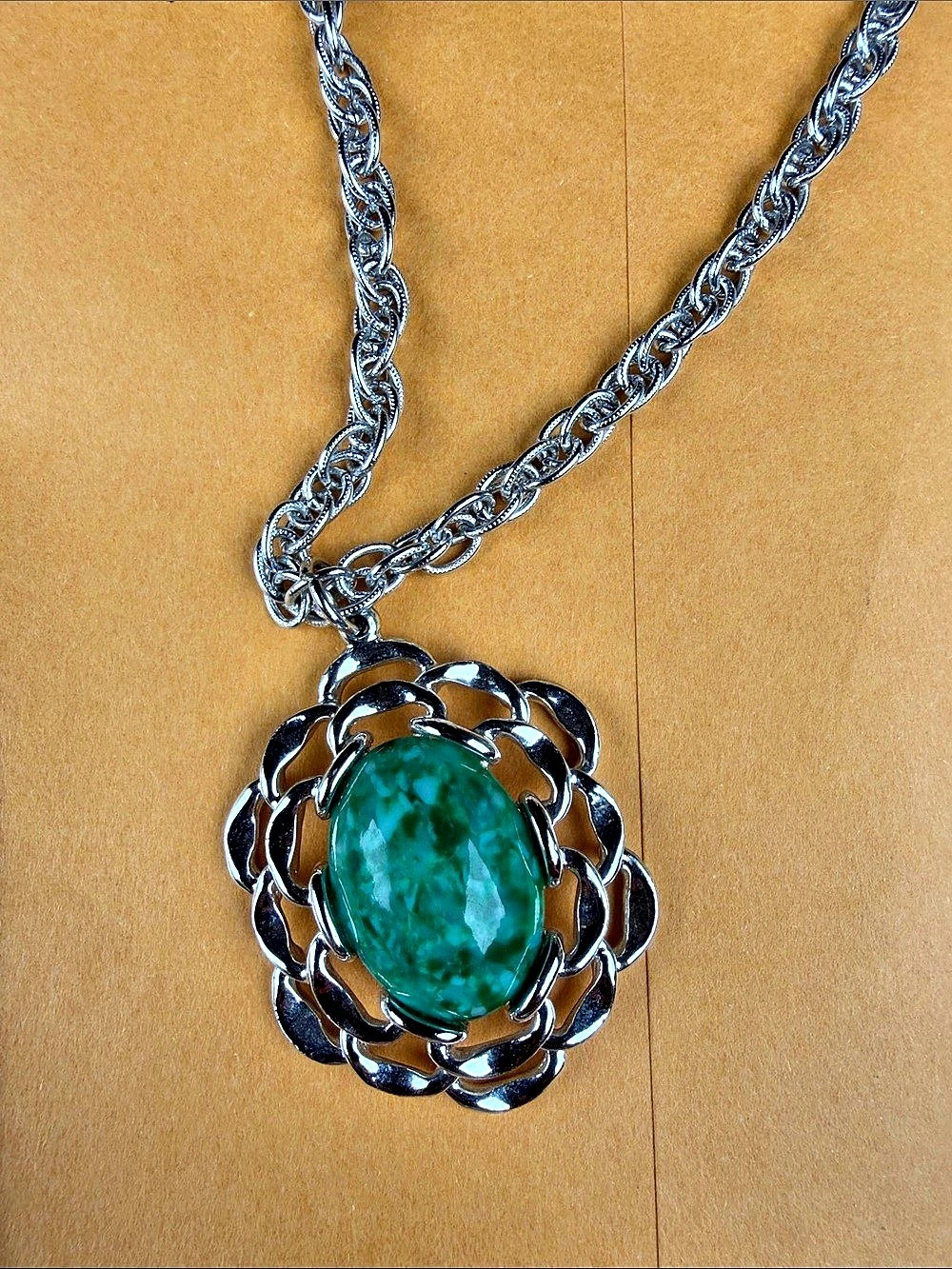 Vintage Sarah Coventry Faux Jade Pendant Necklace Silver Tone Openwork Signed